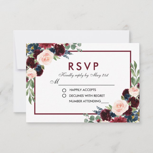 Watercolor Floral Burgundy Blue Wedding RSVP Card (Front)