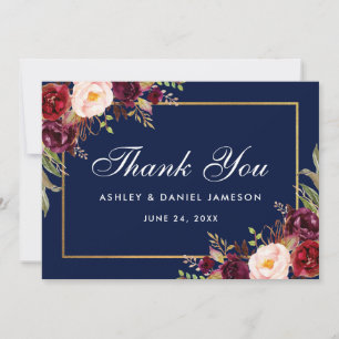 Watercolor Floral Burgundy Blue Wedding Thanks Thank You Card