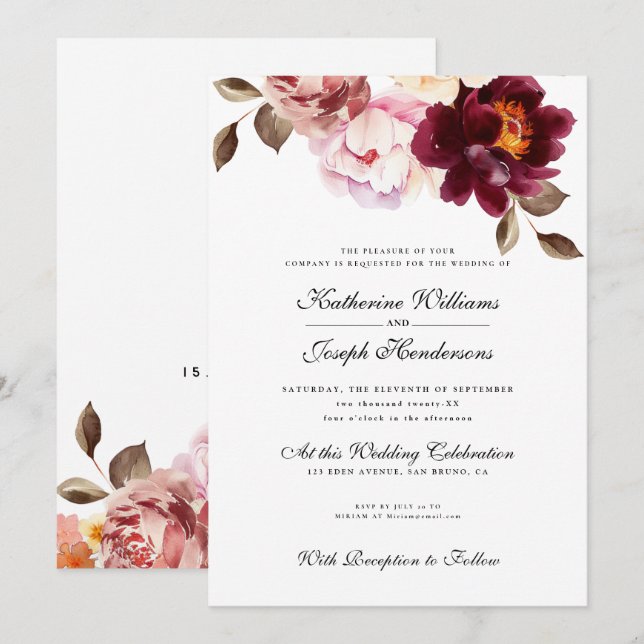 Watercolor Floral Burgundy Bouquet Romance Wedding Invitation (Front/Back)