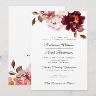 Watercolor Floral Burgundy Bouquet Romance Wedding Invitation