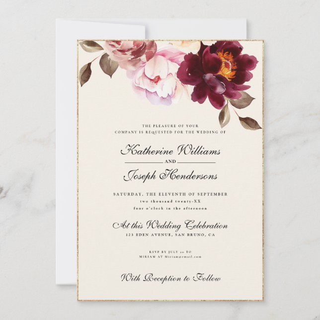 Watercolor Floral Burgundy Bouquet Romance Wedding Invitation (Front)