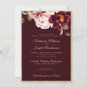 Watercolor Floral Burgundy Bouquet Romance Wedding Invitation