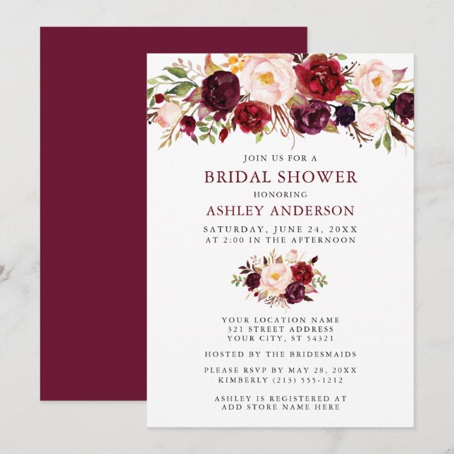 Watercolor Floral Burgundy Bridal Shower Invitation (Front/Back)