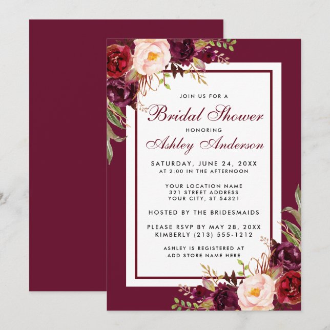 Watercolor Floral Burgundy Bridal Shower Invitation (Front/Back)