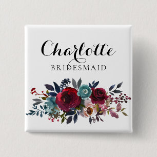 Watercolor Floral Burgundy Bridesmaid Wedding 15 Cm Square Badge