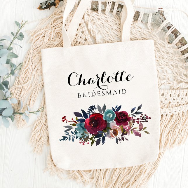 Watercolor Floral Burgundy Bridesmaid Wedding Gift Tote Bag (Creator Uploaded)