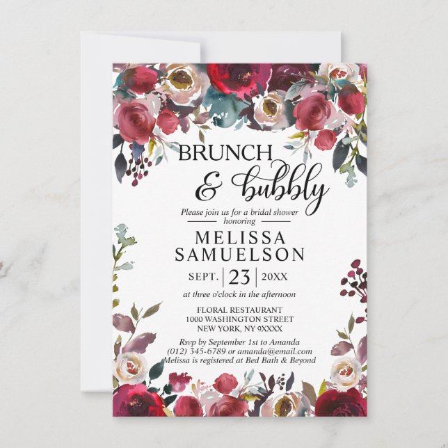 Watercolor Floral Burgundy Brunch Bridal Shower Invitation (Front)