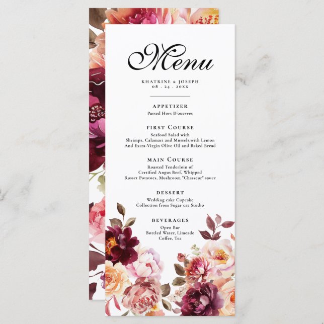 Watercolor Floral Burgundy Details Menu Wedding (Front/Back)