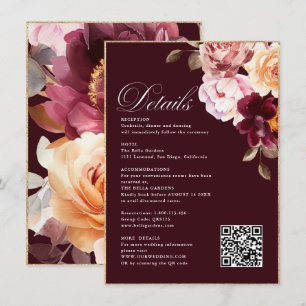 Watercolor Floral Burgundy Details RSVP&QR Wedding Enclosure Card