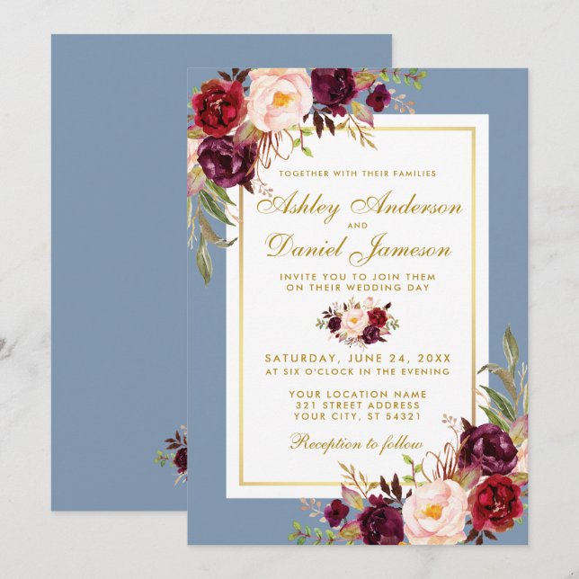 Watercolor Floral Burgundy Dusty Blue Gold Wedding Invitation (Front/Back)