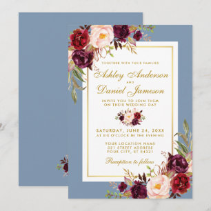 Watercolor Floral Burgundy Dusty Blue Gold Wedding Invitation