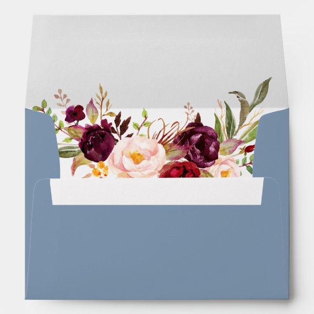 Watercolor Floral Burgundy Dusty Blue Wedding Envelope (Back (Bottom))