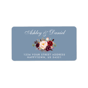 Watercolor Floral Burgundy Dusty Blue Wedding Label