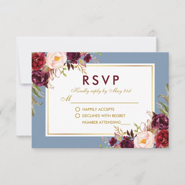 Watercolor Floral Burgundy Dusty Blue Wedding RSVP Card (Front)