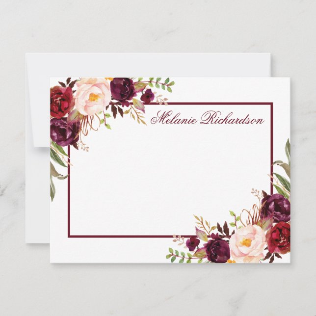 Watercolor Floral Burgundy Frame Personalised Card (Front)