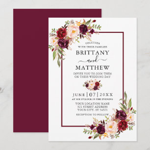 Watercolor Floral Burgundy Frame Wedding Invitation