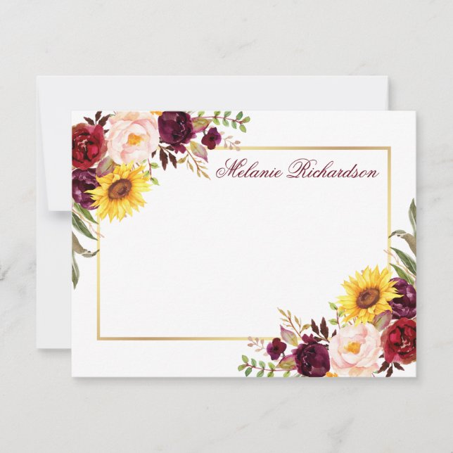 Watercolor Floral Burgundy Gold Frame Personalised Card (Front)