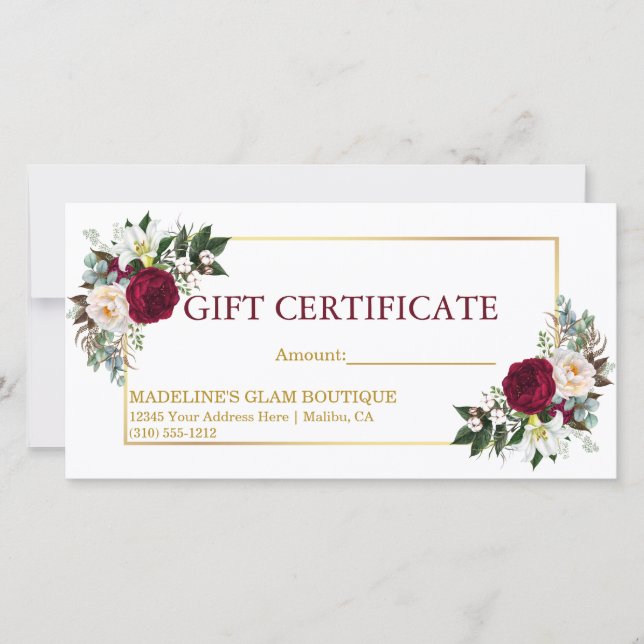 Watercolor Floral Burgundy Gold Gift Certificate (Front)