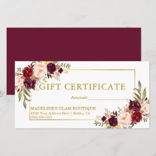Watercolor Floral Burgundy Gold Gift Certificate