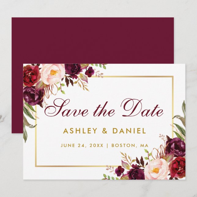 Watercolor Floral Burgundy Gold Save The Date BG (Front/Back)