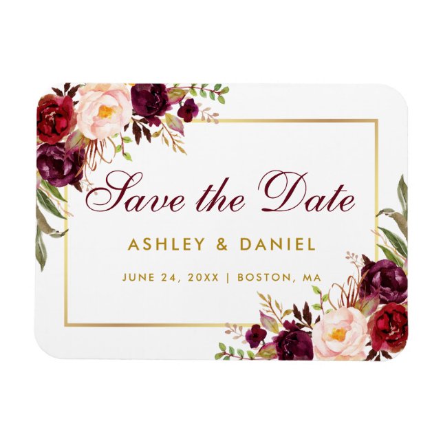 Watercolor Floral Burgundy Gold Save The Date Magnet (Horizontal)