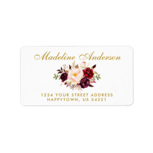 Watercolor Floral Burgundy Gold Script Address Label