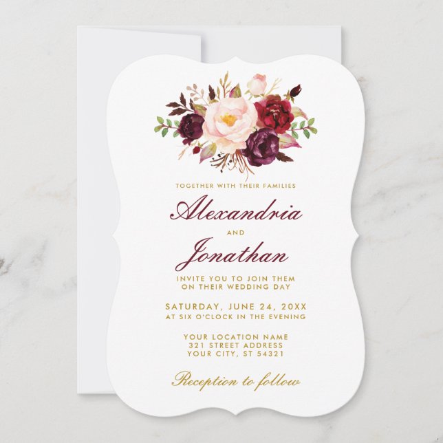 Watercolor Floral Burgundy Gold Wedding BR Invitation (Front)