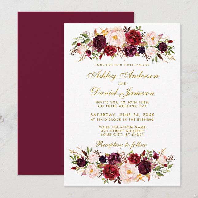 Watercolor Floral Burgundy Gold Wedding Invite BG (Front/Back)