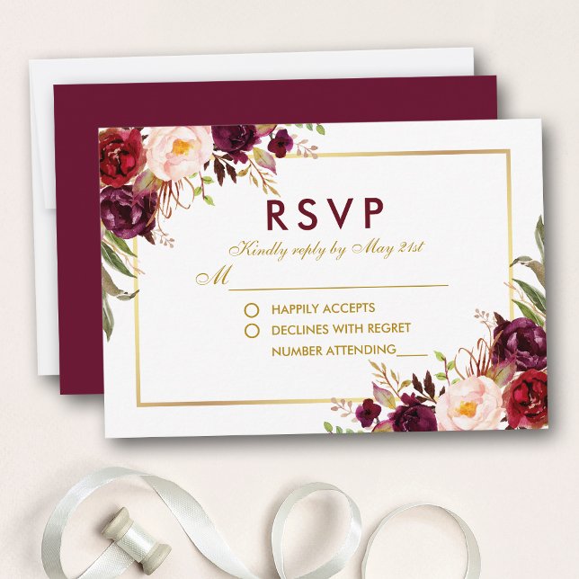 Watercolor Floral Burgundy Gold Wedding RSVP BG Card (Customize to change text color, style, add text & photos to back or change color of back of card.)