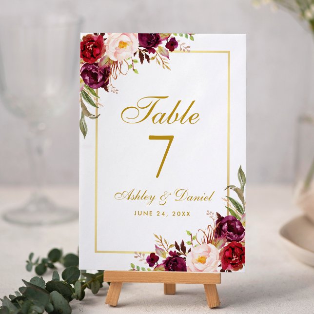 Watercolor Floral Burgundy Gold Wedding Table Number (Burgundy Floral and Gold Table Number Card.)