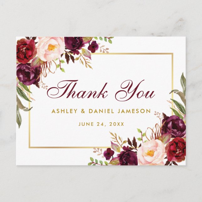 Watercolor Floral Burgundy Gold Wedding Thank You Postcard (Front)