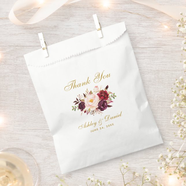 Watercolor Floral Burgundy Gold Wedding Thanks Favour Bags (Clipped)