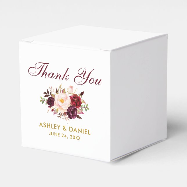Watercolor Floral Burgundy Gold Wedding Thanks Favour Box (Front Side)