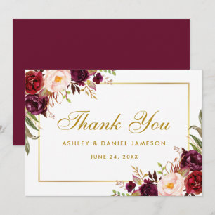 Watercolor Floral Burgundy Gold Wedding Thanks GB Thank You Card