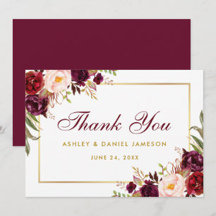 Watercolor Floral Burgundy Gold Wedding Thanks SB Thank You Card