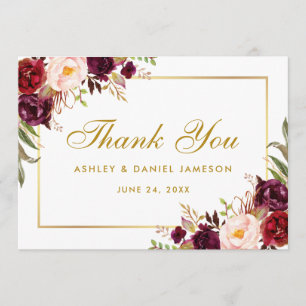Watercolor Floral Burgundy Gold Wedding Thanks Thank You Card