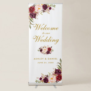 Watercolor Floral Burgundy Gold Wedding Welcome Retractable Banner
