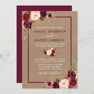 Watercolor Floral Burgundy Kraft Wedding Invitation