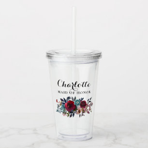 Watercolor Floral Burgundy Maid of Honour Wedding Acrylic Tumbler
