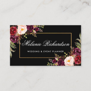 Watercolor Floral Burgundy Marsala Black Gold Business Card