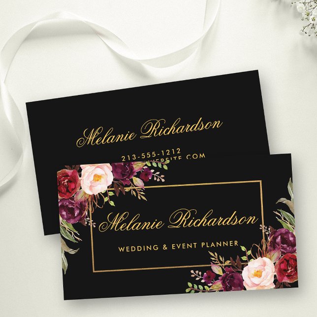 Watercolor Floral Burgundy Marsala Gold Black Business Card (Customize to change text size, color or text style.)