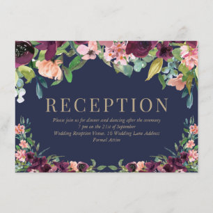 Watercolor Floral Burgundy Navy Wedding Reception Enclosure Card