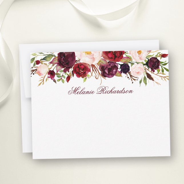 Watercolor Floral Burgundy Personalised Card (Customize to change text size, color, style or to add more text to front or back of card.)