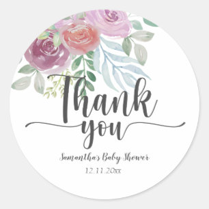 Watercolor Floral Burgundy Pink Thank you Classic Round Sticker