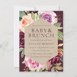 Watercolor Floral Burgundy Red Brunch Baby Shower Invitation