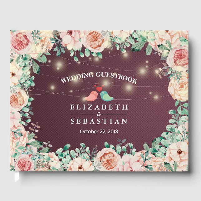 Watercolor Floral Burgundy Red Wedding Guestbook (Front)