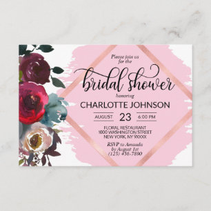 Watercolor Floral Burgundy Rose Gold Bridal Shower Invitation