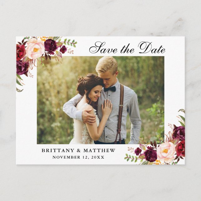 Watercolor Floral Burgundy Save the Date Announcement Postcard (Front)