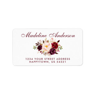 Watercolor Floral Burgundy Script Address Label