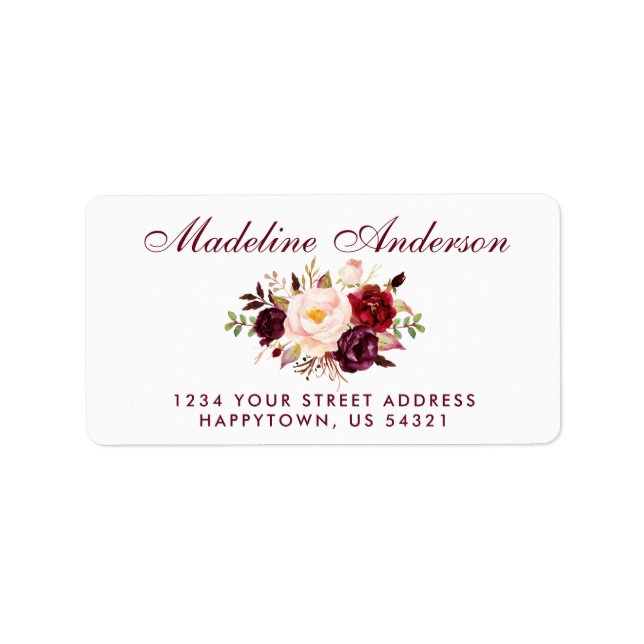 Watercolor Floral Burgundy Script Address Label (Front)